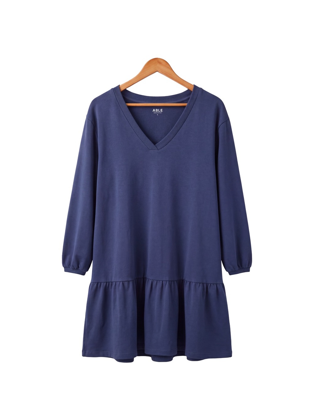 ABLE Navy V-Neck Tiered Oversized Sweatshirt Dress with Balloon Sleeves